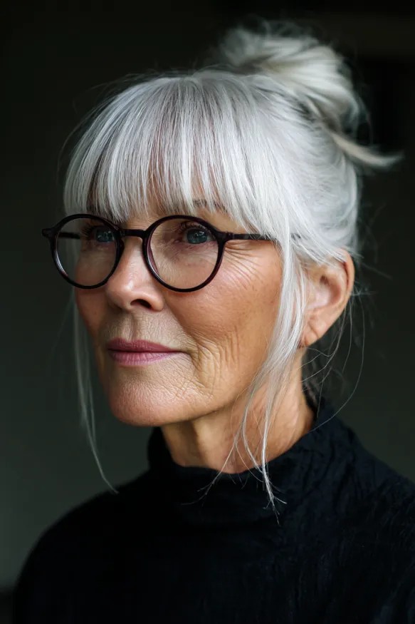 profile of a woman over 70 with a silver updo and bangs wearing black glasses