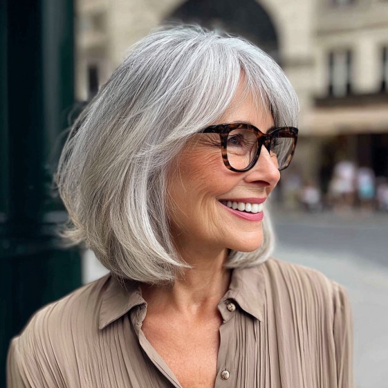 smiling woman over 70 with a silver lob wearing tortoiseshell glasses