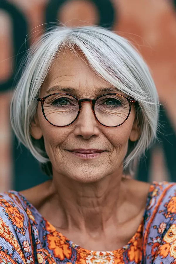 woman over 70 with a smooth silver bob wearing round black glasses