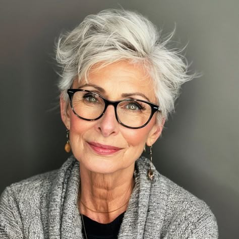 woman over 70 with a textured white pixie cut wearing black glasses