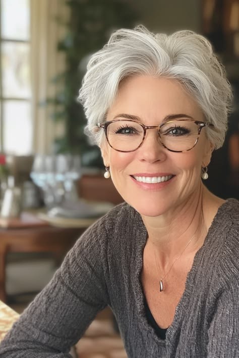 woman over 70 with swept silver waves wearing tortoiseshell glasses