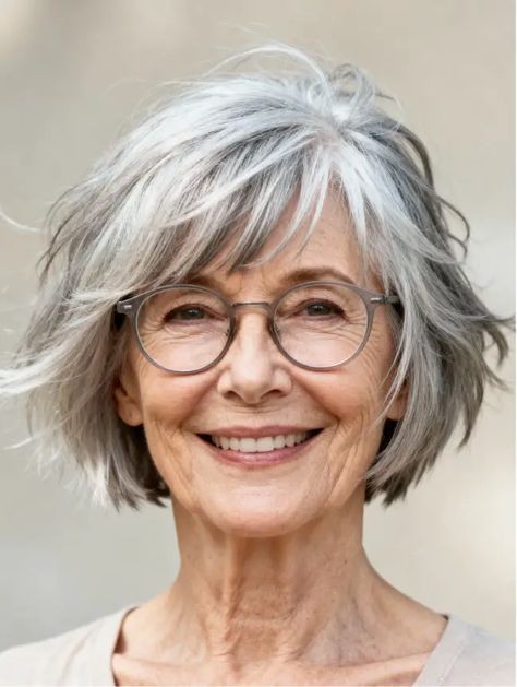 woman over 70 with a wavy steel-gray bob wearing round glasses