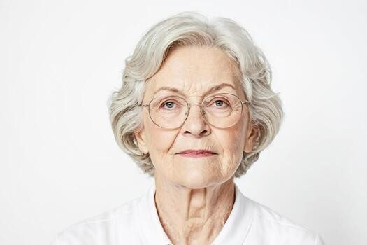 woman over 70 with soft white wavy hair wearing fine wire glasses