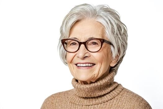 smiling woman over 70 with short gray wavy hair wearing tortoiseshell glasses