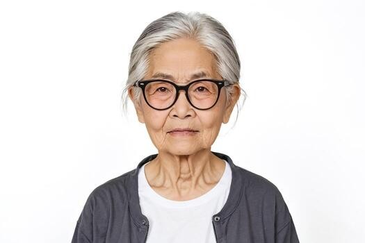 Asian woman over 70 with gray hair in a sleek bun wearing black glasses