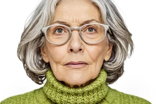 woman over 70 with a wavy gray bob wearing clear acetate glasses