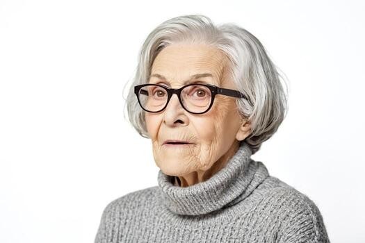 woman over 70 with a polished gray bob wearing black glasses and a turtleneck
