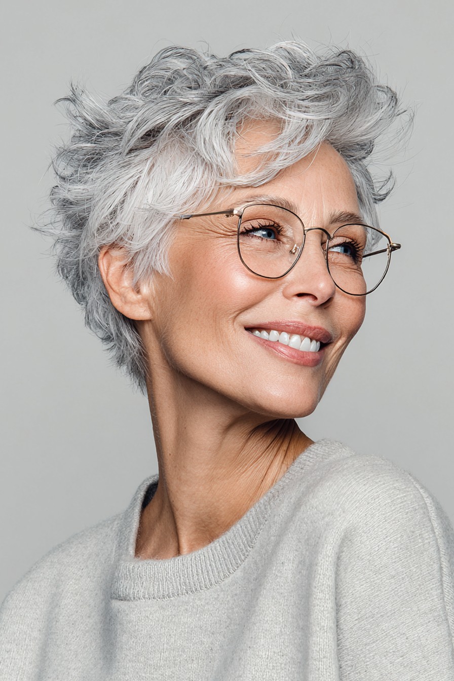 smiling woman over 70 with a silver pixie cut wearing round wire glasses