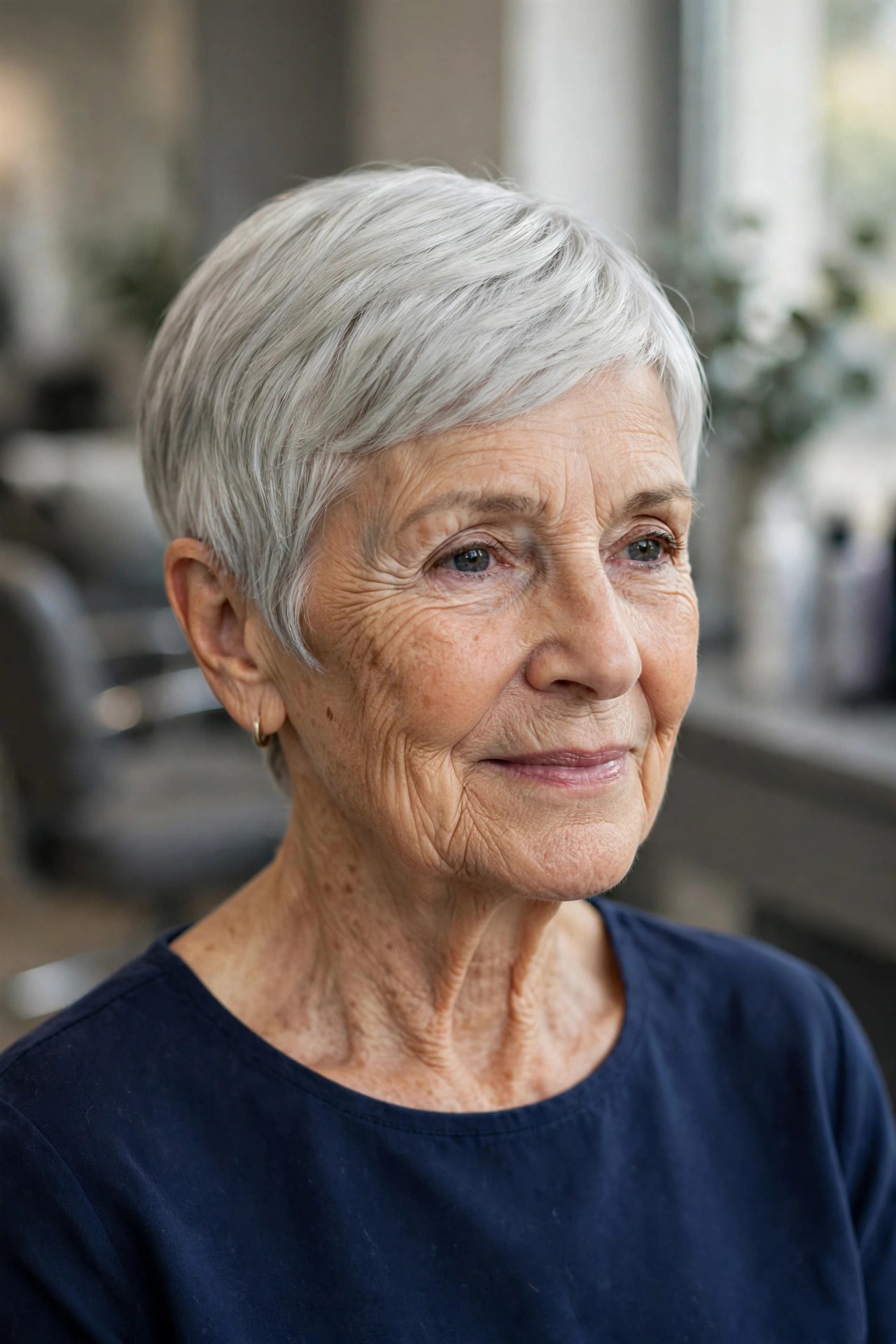 Classic Sleek Silver Pixie with a Side Part on a woman over 60 - gray pixie haircut