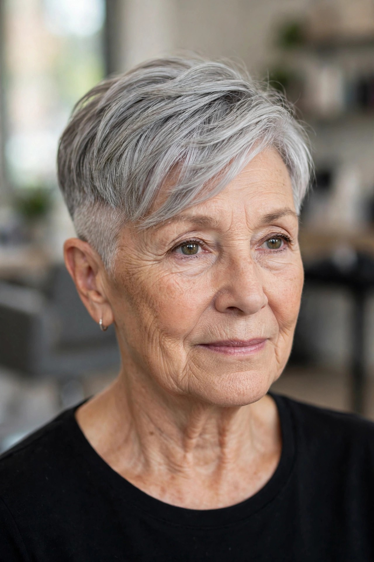 Undercut Gray Pixie with a Polished Crown on a woman over 60 - gray pixie haircut
