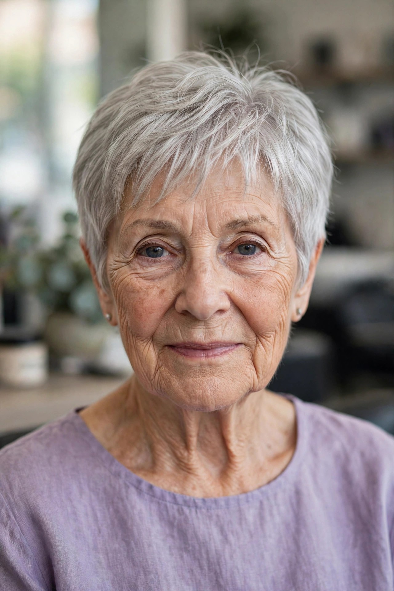Gray Pixie with Wispy Bangs That Softens and Brightens on a woman over 60 - gray pixie haircut