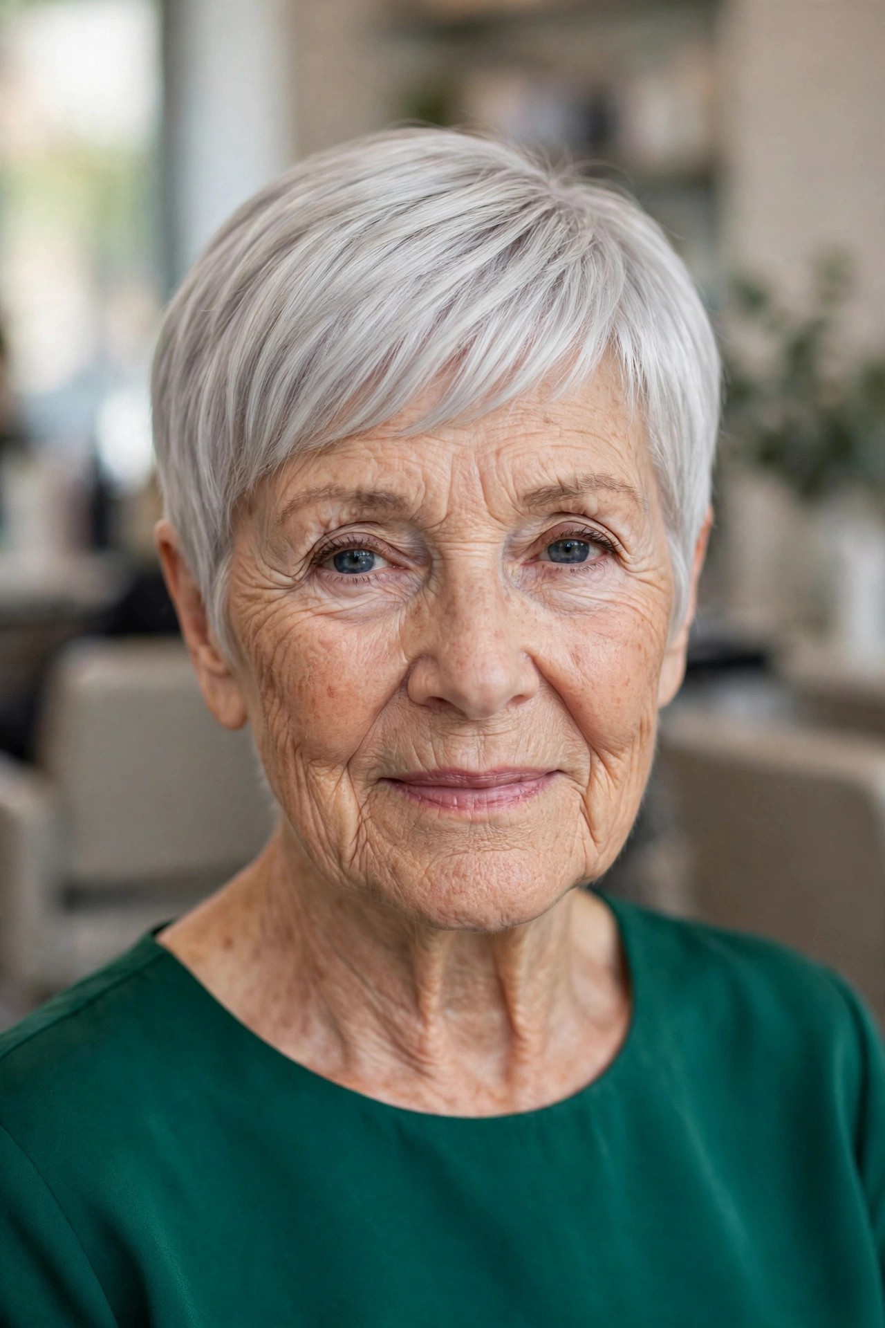 Sleek Forward-Swept Platinum-Silver Pixie on a woman over 60 - gray pixie haircut