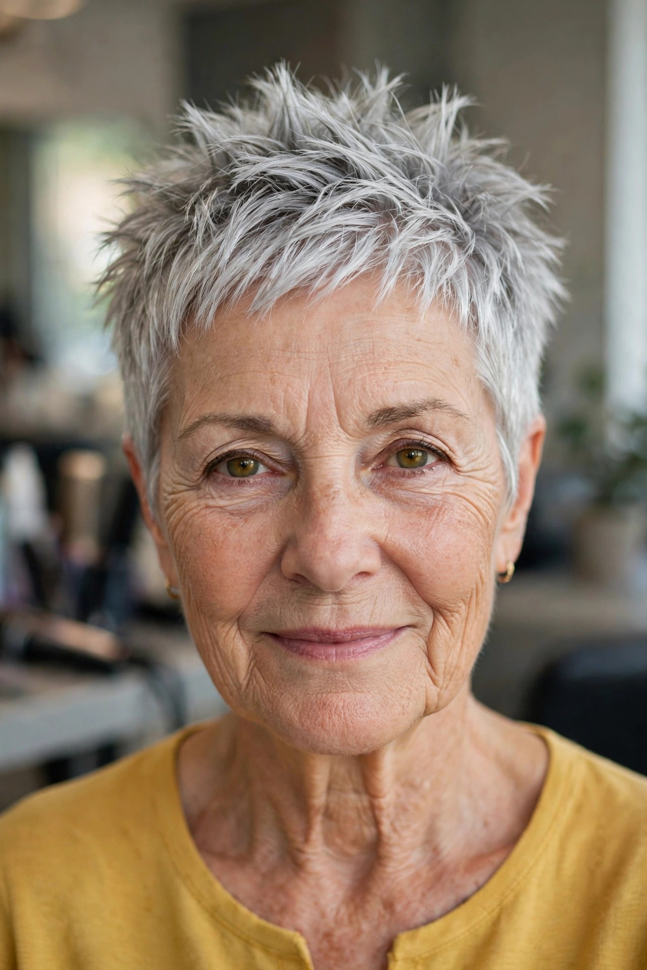 Spiky Textured Gray Pixie with Luminous Definition on a woman over 60 - gray pixie haircut