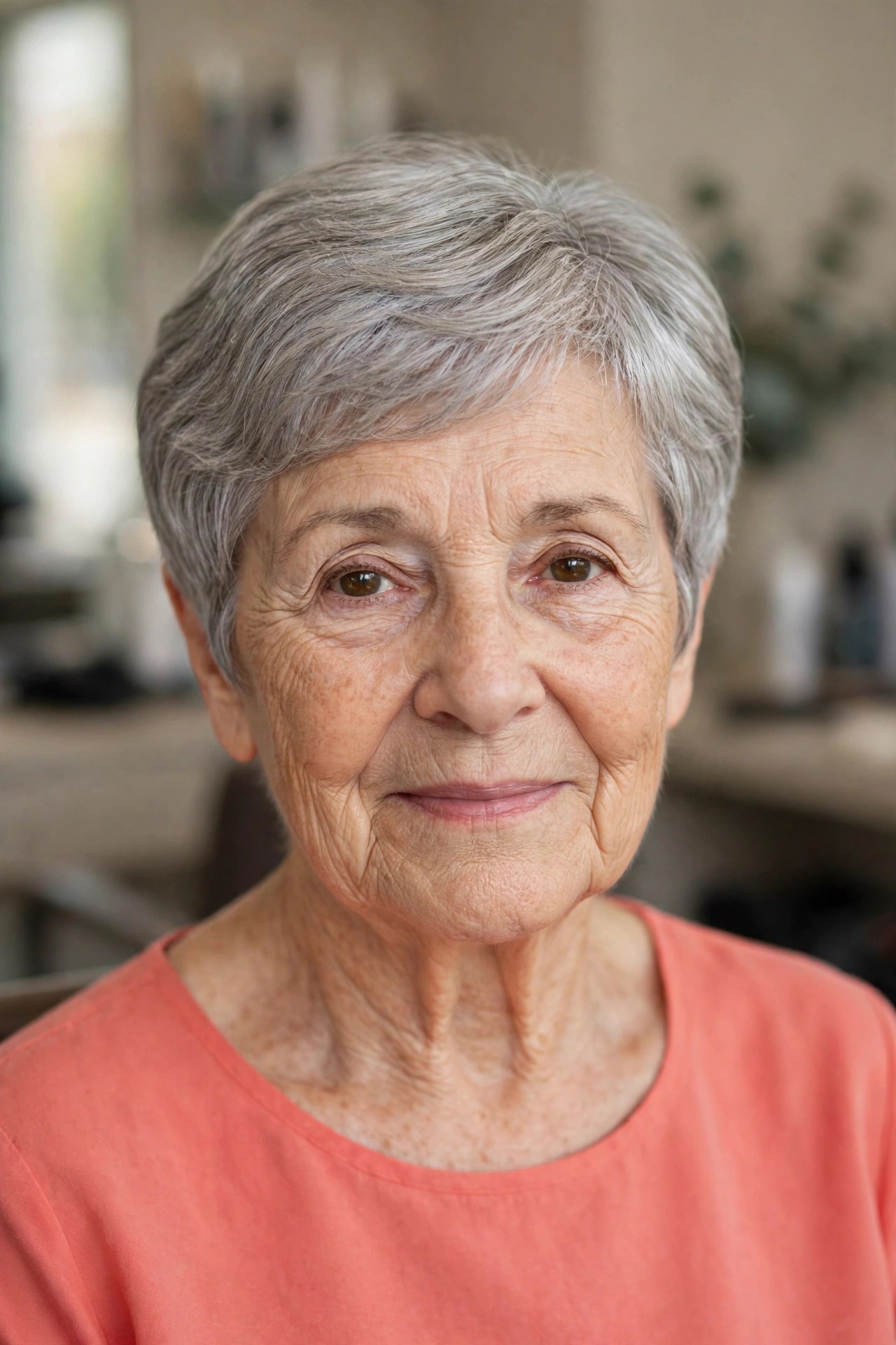 Rounded Gray Pixie with Curved, Light-Reflecting Layers on a woman over 60 - gray pixie haircut