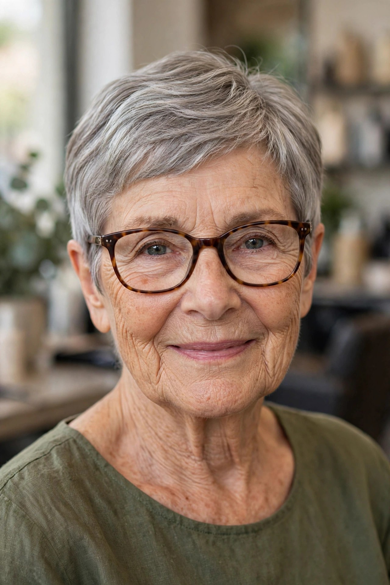 Gray Pixie Styled for Glasses with Clean Sides on a woman over 60 - gray pixie haircut