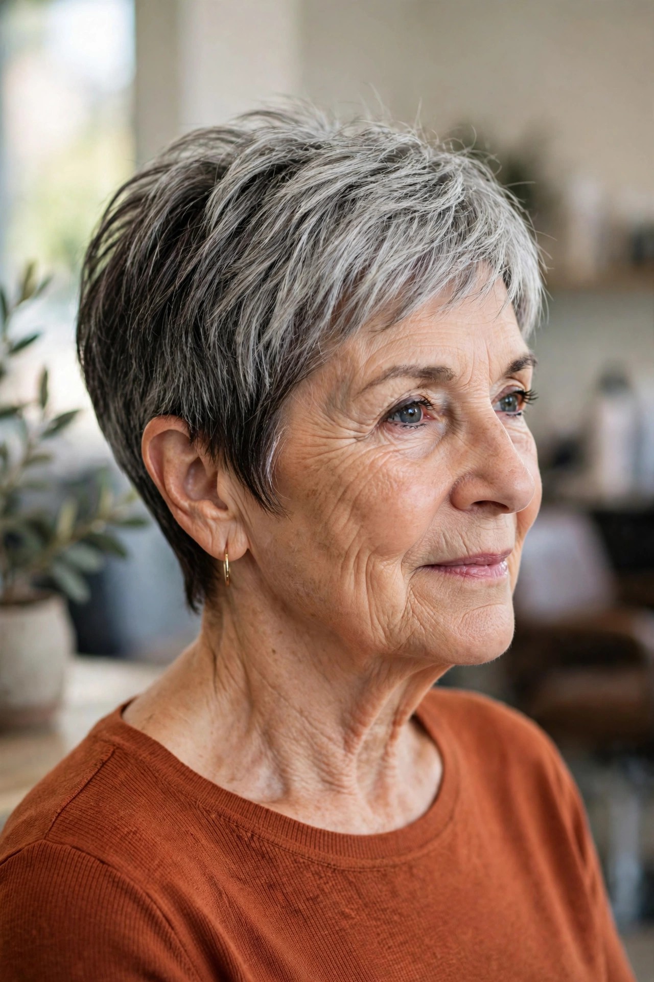 Two-Tone Salt-and-Pepper Pixie with Darker Roots on a woman over 60 - gray pixie haircut
