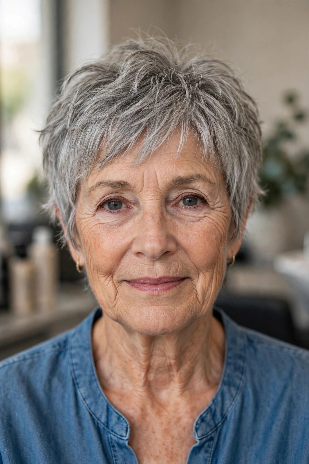 Soft Shaggy Gray Pixie with Feathered Shine on a woman over 60 - gray pixie haircut
