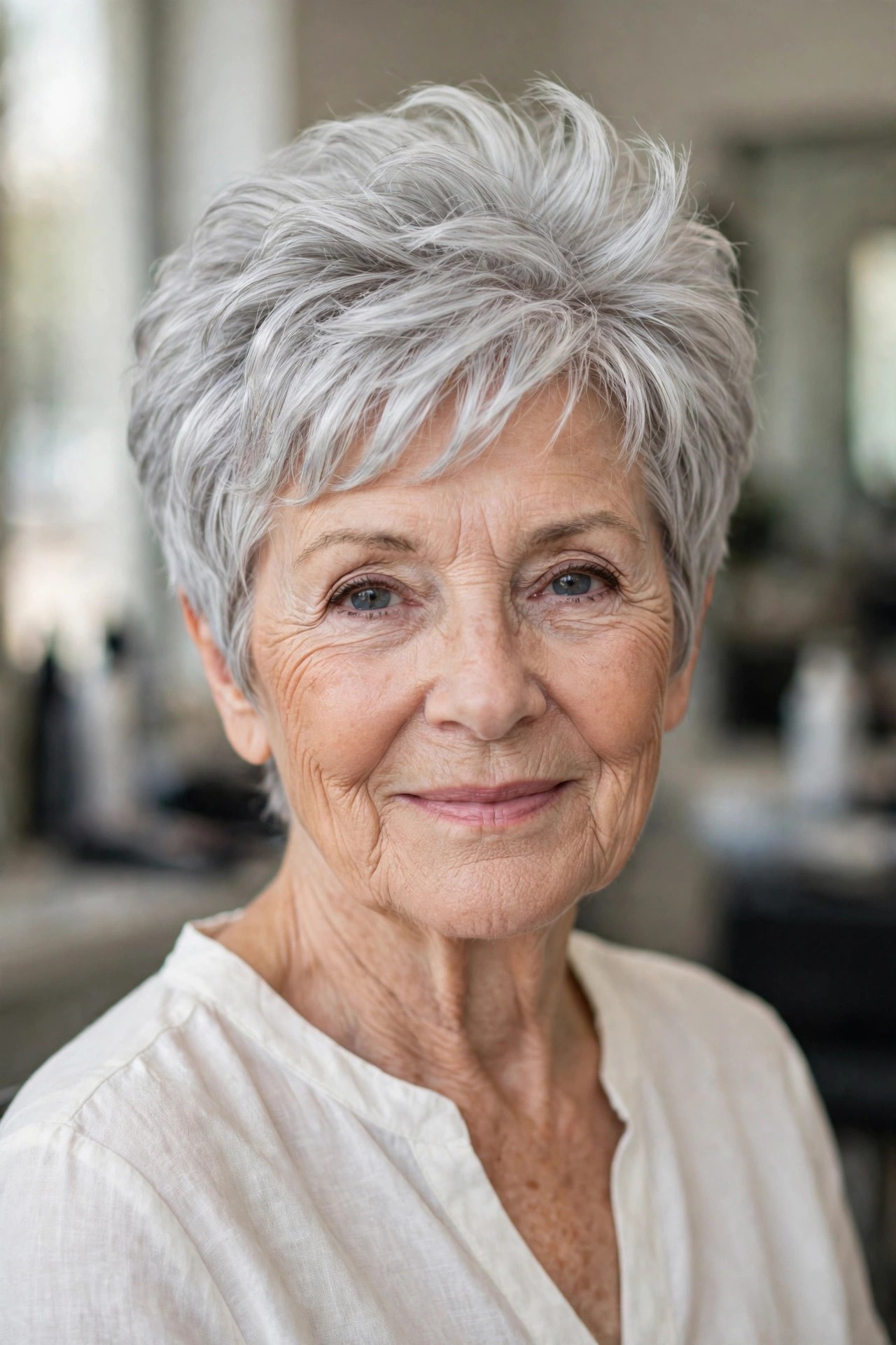 Blowout Gray Pixie with Bouncy Gloss on a woman over 60 - gray pixie haircut