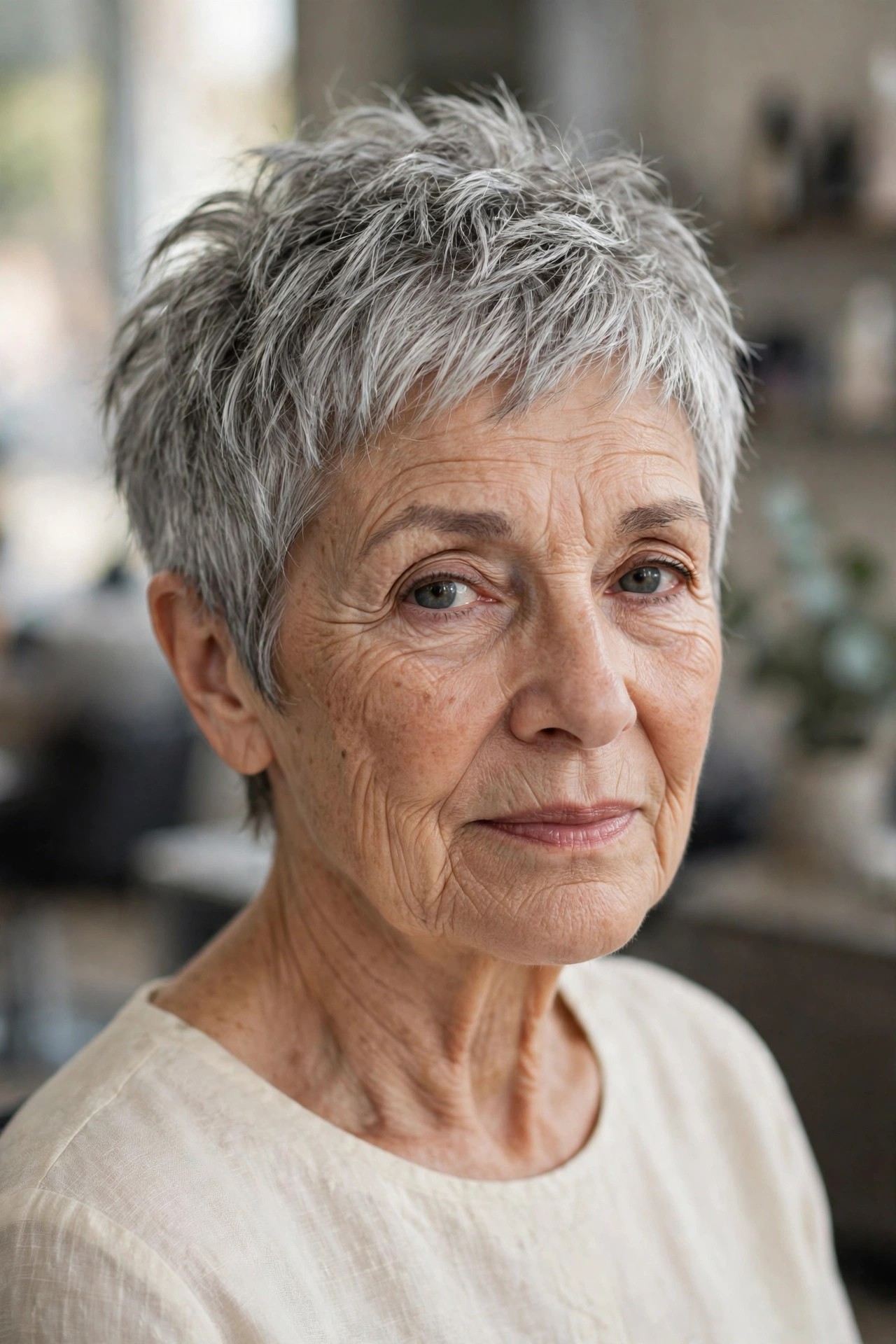 Choppy Textured Gray Pixie That Catches the Light on a woman over 60 - gray pixie haircut
