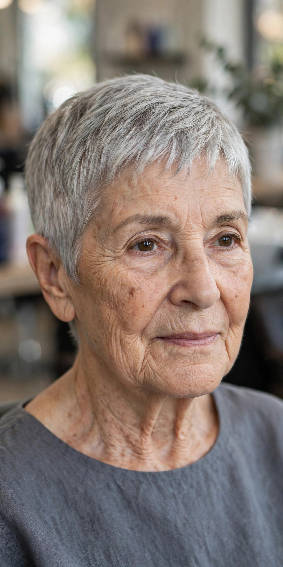 Short Cropped Gray Pixie — the Low-Maintenance Shine Cut on a woman over 60 - gray pixie haircut