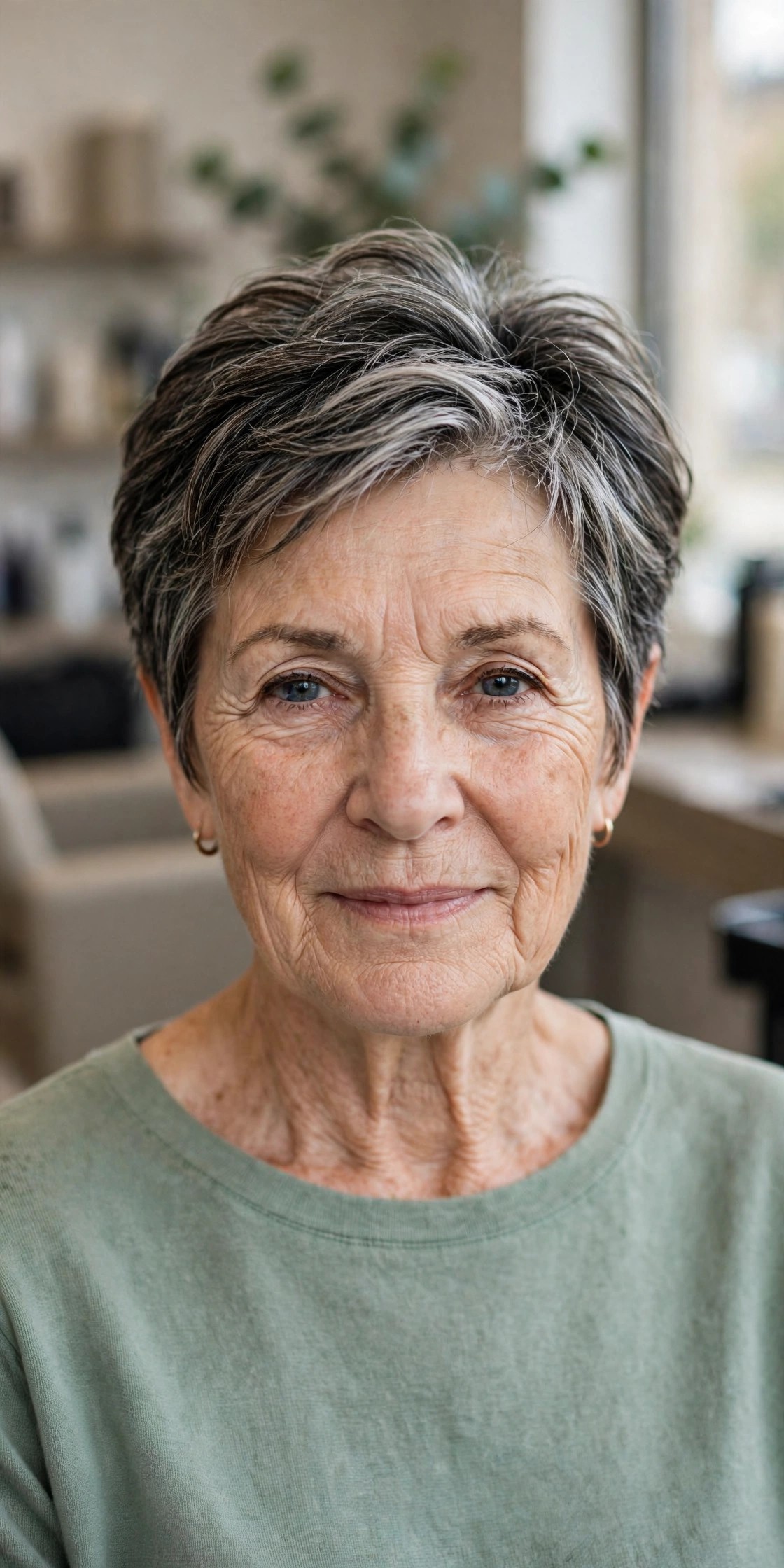 Feathered Salt-and-Pepper Pixie with Crown Lift on a woman over 60 - gray pixie haircut
