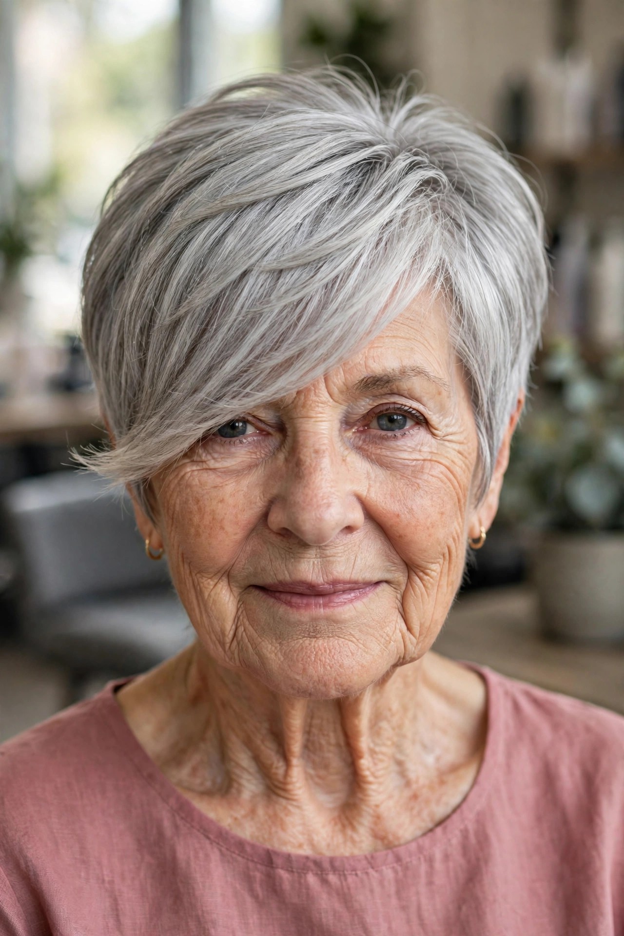 Long Gray Pixie with a Side-Swept Fringe on a woman over 60 - gray pixie haircut
