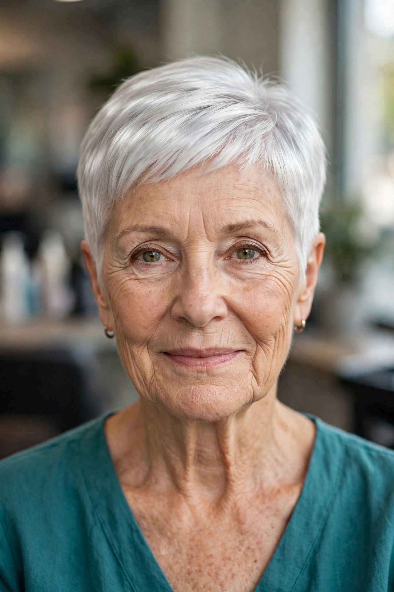 Tapered Bright-White Pixie with a Glossy Finish on a woman over 60 - gray pixie haircut