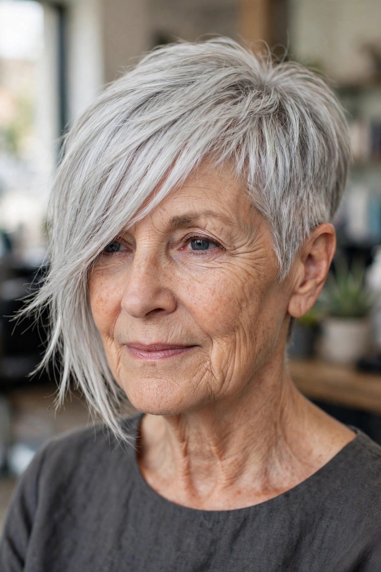 Asymmetrical Silver Pixie with a Longer Top on a woman over 60 - gray pixie haircut