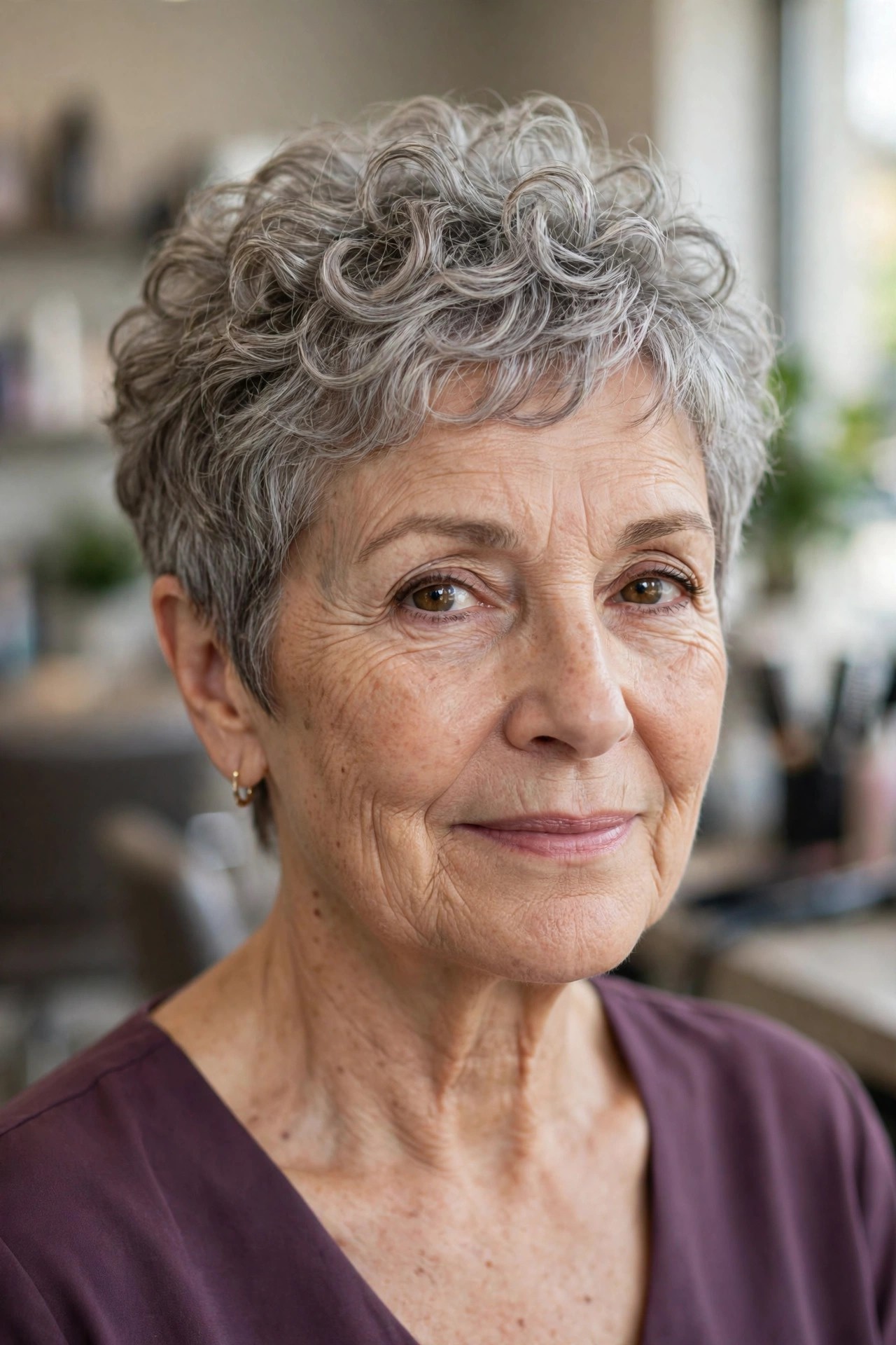 Curly Gray Pixie for Natural Curls and Shine on a woman over 60 - gray pixie haircut