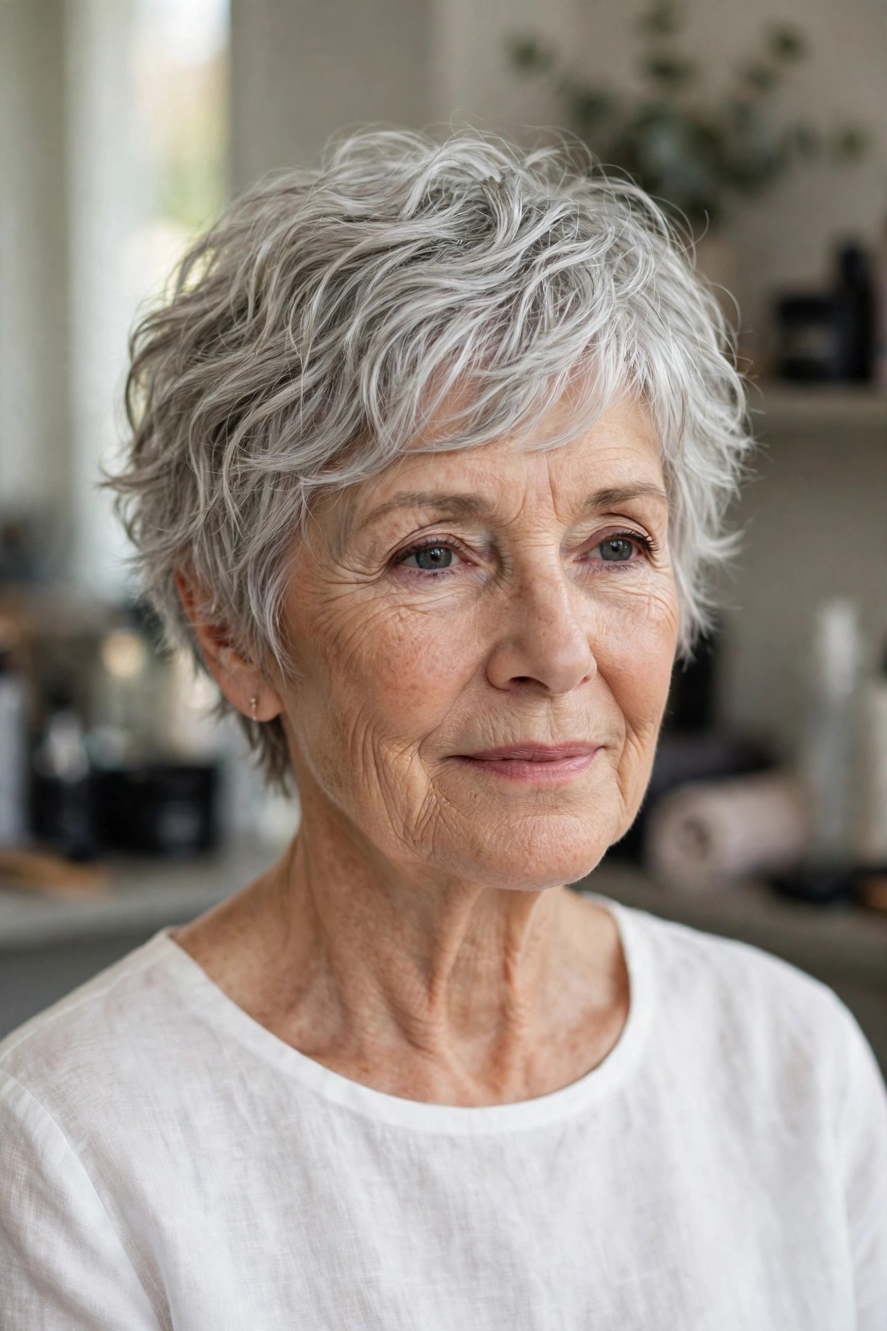 Wavy Tousled Silver Pixie with Piecey Ends on a woman over 60 - gray pixie haircut