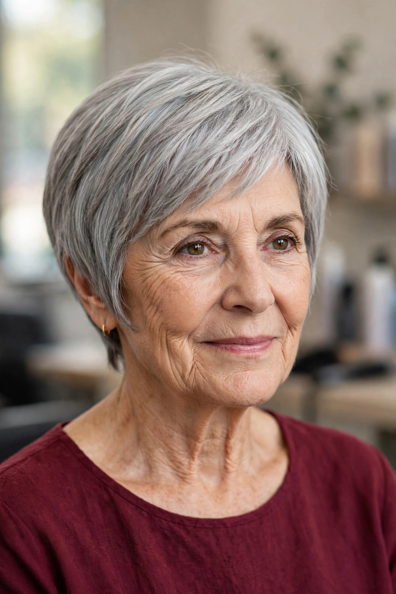 Pixie Bob in Luminous Gray on a woman over 60 - gray pixie haircut