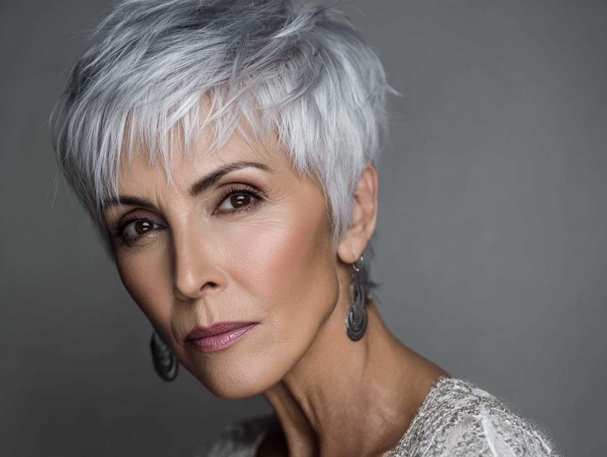 Woman over 70 with a polished silver pixie — gray pixie hairstyle with soft texture for women over 70