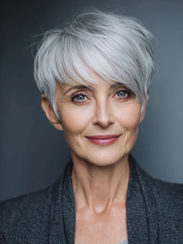 Woman over 70 with a side-swept white pixie — gray pixie hairstyle with soft texture for women over 70