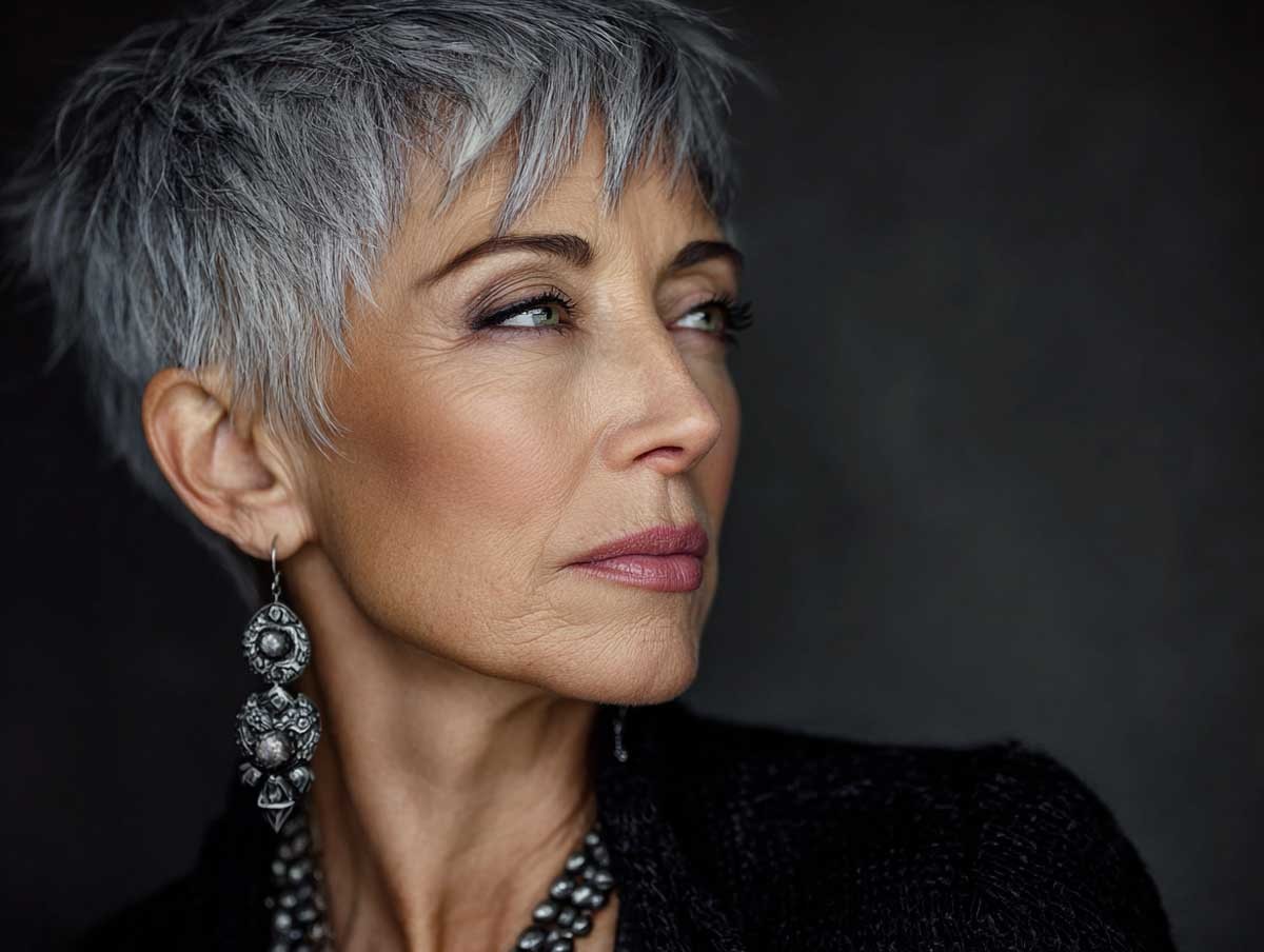 Woman over 70 with a short gray pixie with soft fringe — gray pixie hairstyle with soft texture for women over 70