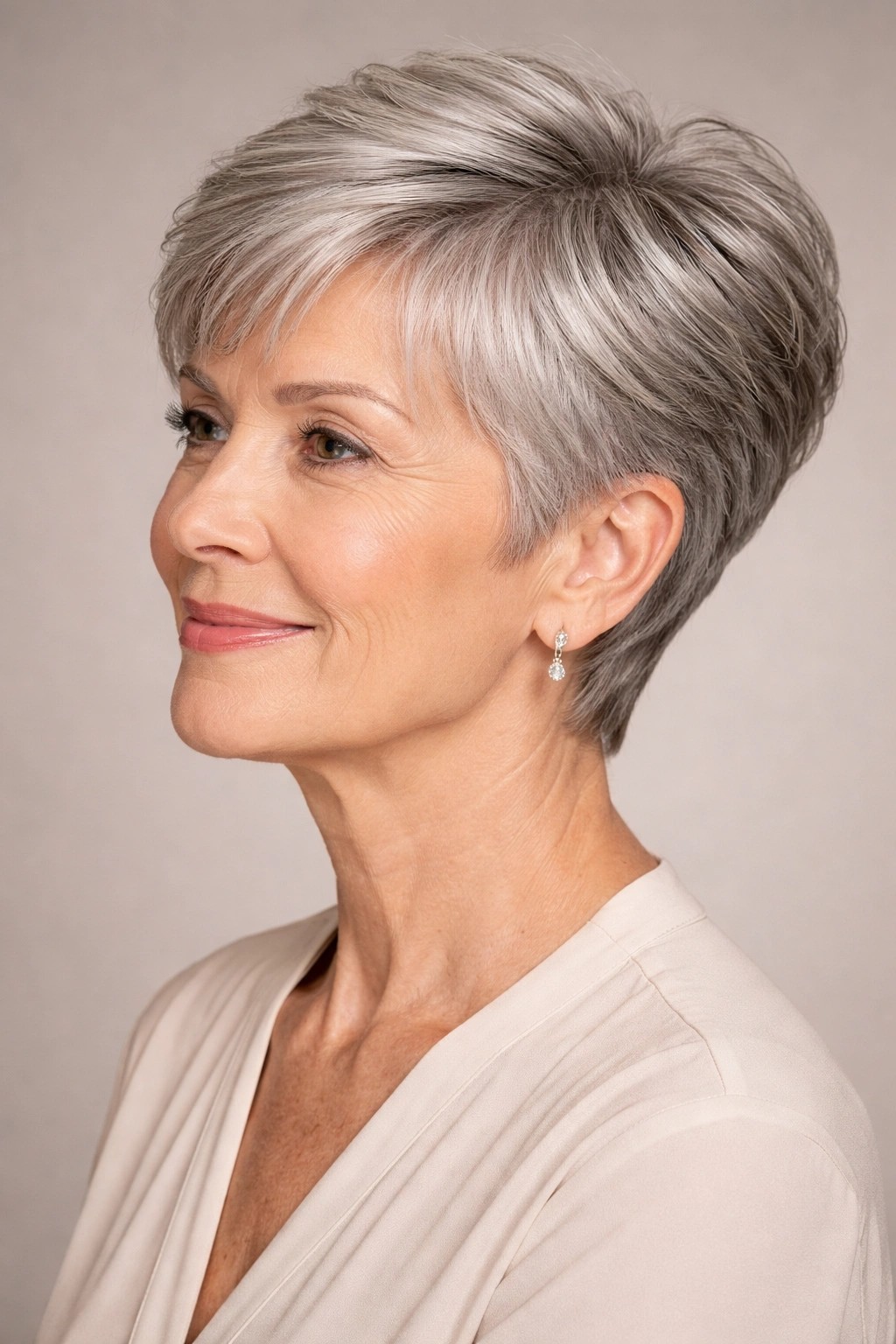 Woman over 70 with a smooth tapered gray pixie — gray pixie hairstyle with soft texture for women over 70