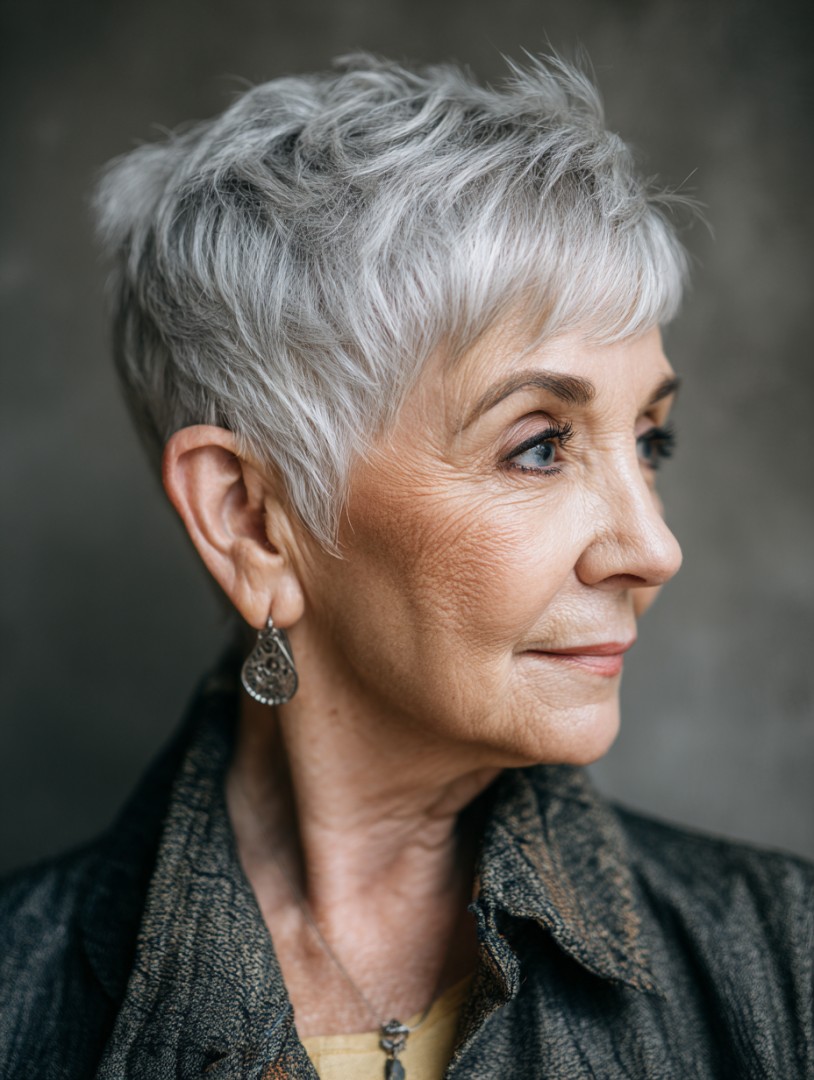 Woman over 70 with a textured silver pixie in profile — gray pixie hairstyle with soft texture for women over 70