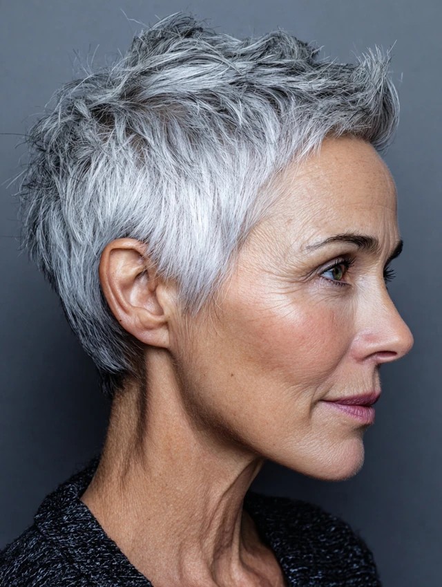 Woman over 70 with a silver-blue toned pixie — gray pixie hairstyle with soft texture for women over 70