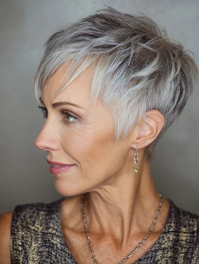 Woman over 70 with a salt-and-pepper pixie in profile — gray pixie hairstyle with soft texture for women over 70