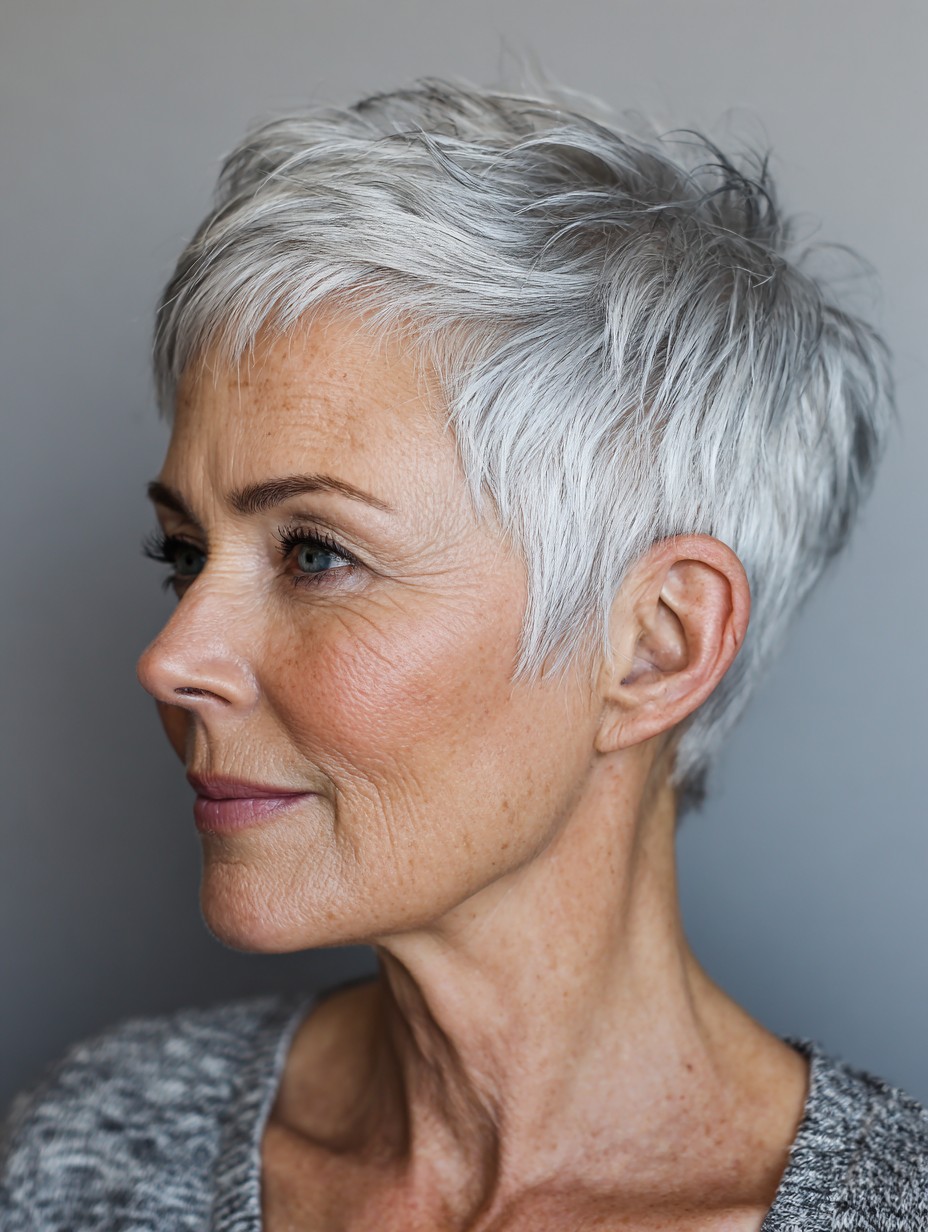 Woman over 70 with a neat silver crop — gray pixie hairstyle with soft texture for women over 70