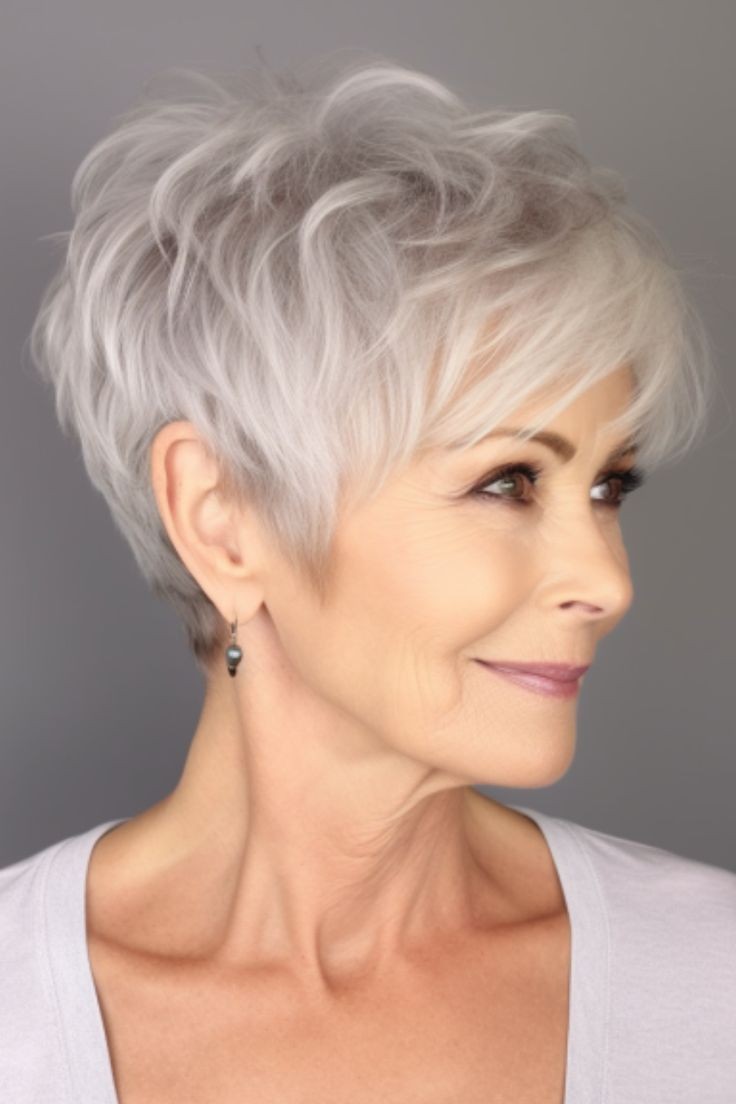 Woman over 70 with a piecey white-silver pixie — gray pixie hairstyle with soft texture for women over 70