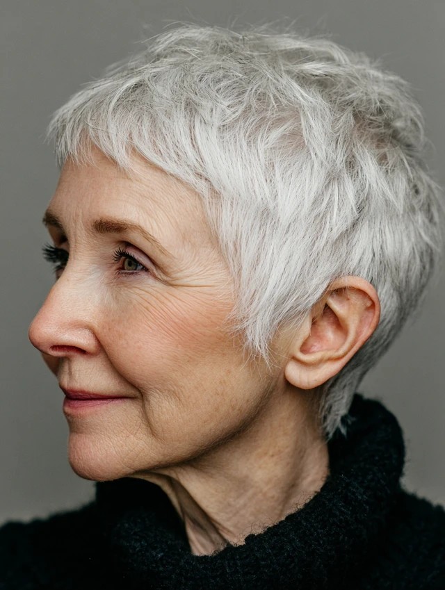 Woman over 70 with a close white pixie in profile — gray pixie hairstyle with soft texture for women over 70