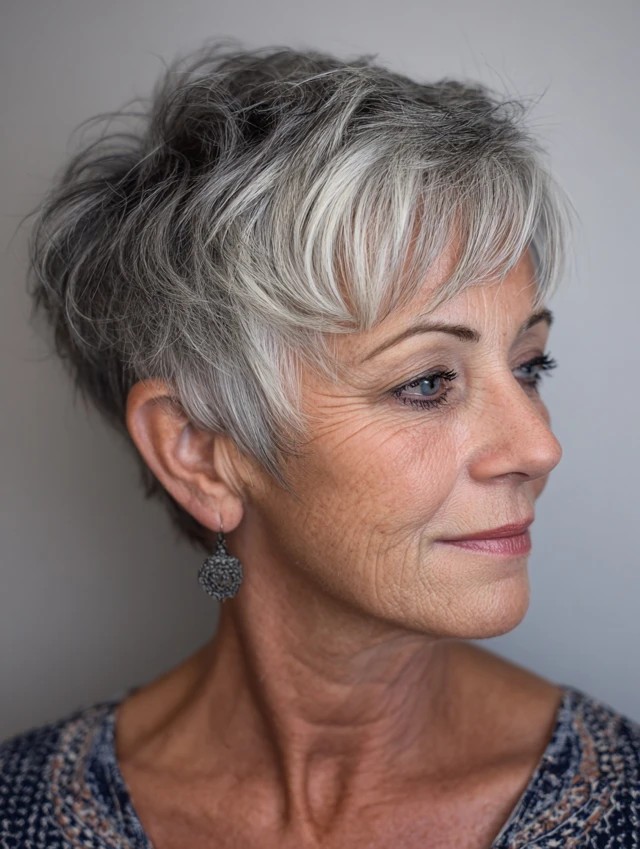 Woman over 70 with a salt-and-pepper pixie — gray pixie hairstyle with soft texture for women over 70