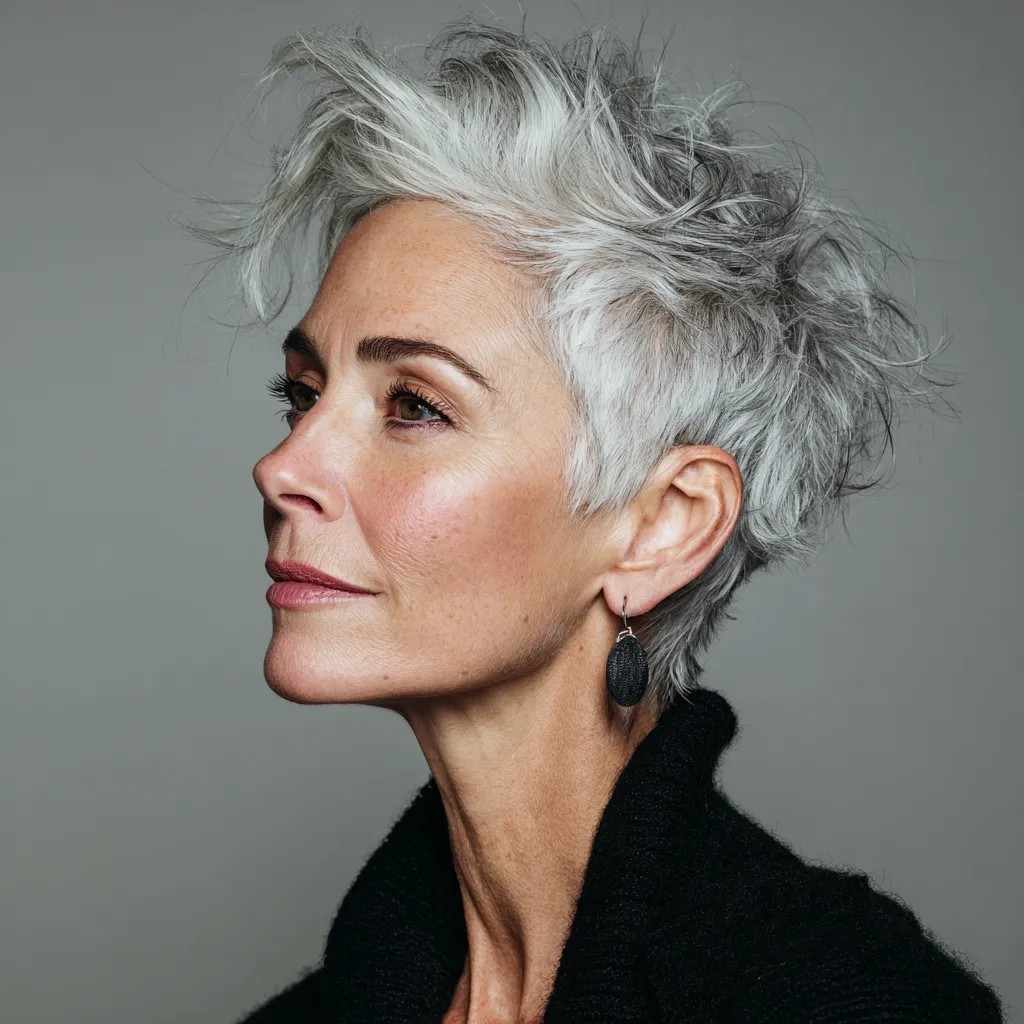 Woman over 70 with a spiky white pixie in profile — gray pixie hairstyle with soft texture for women over 70