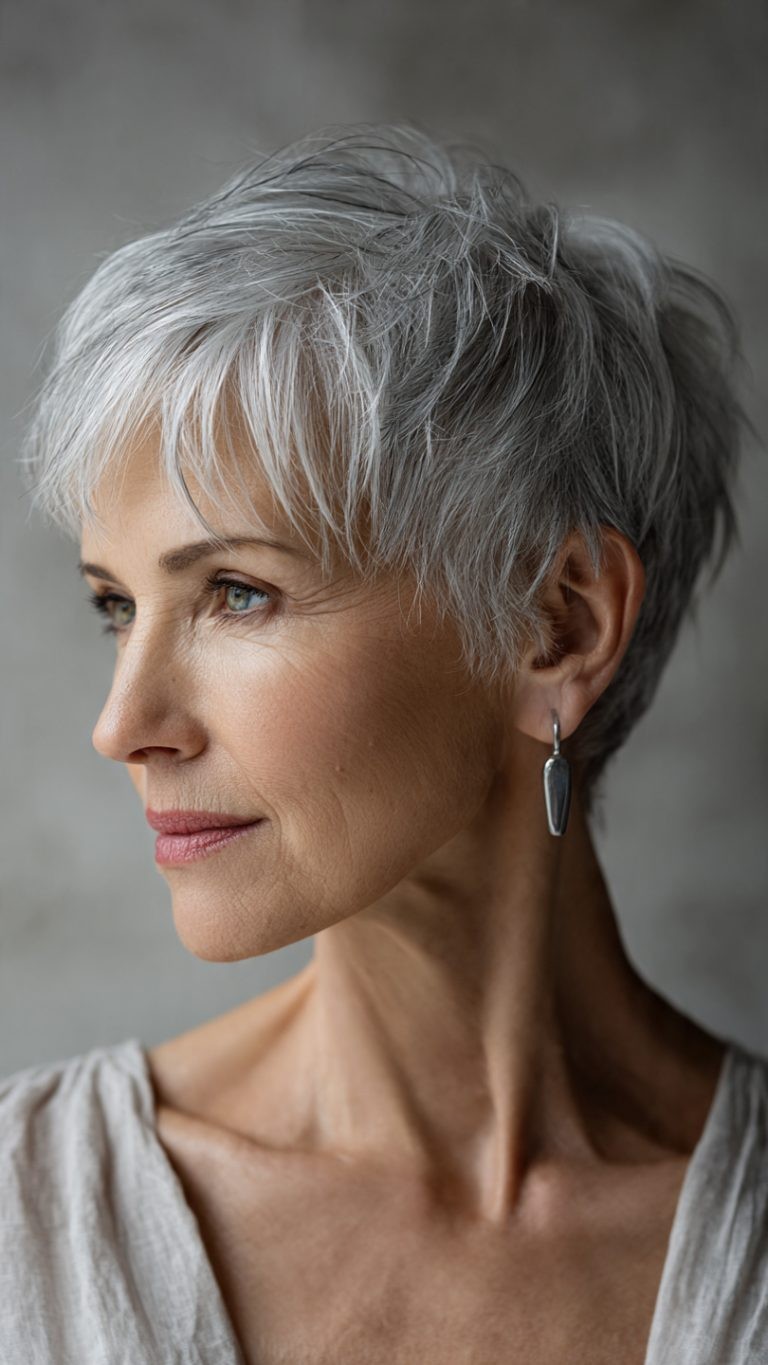 Woman over 70 with a layered gray pixie — gray pixie hairstyle with soft texture for women over 70