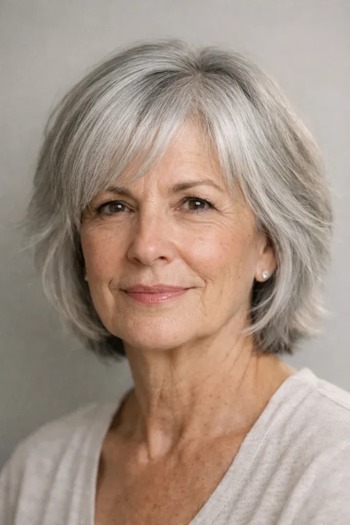 Gray shoulder length haircut on a woman over 70 with silver hair - Silver Shoulder Cut With Gentle Waves
