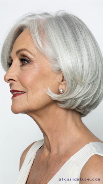 Gray shoulder length haircut on a woman over 70 with silver hair - Gray Layered Lob With Lift at the Crown