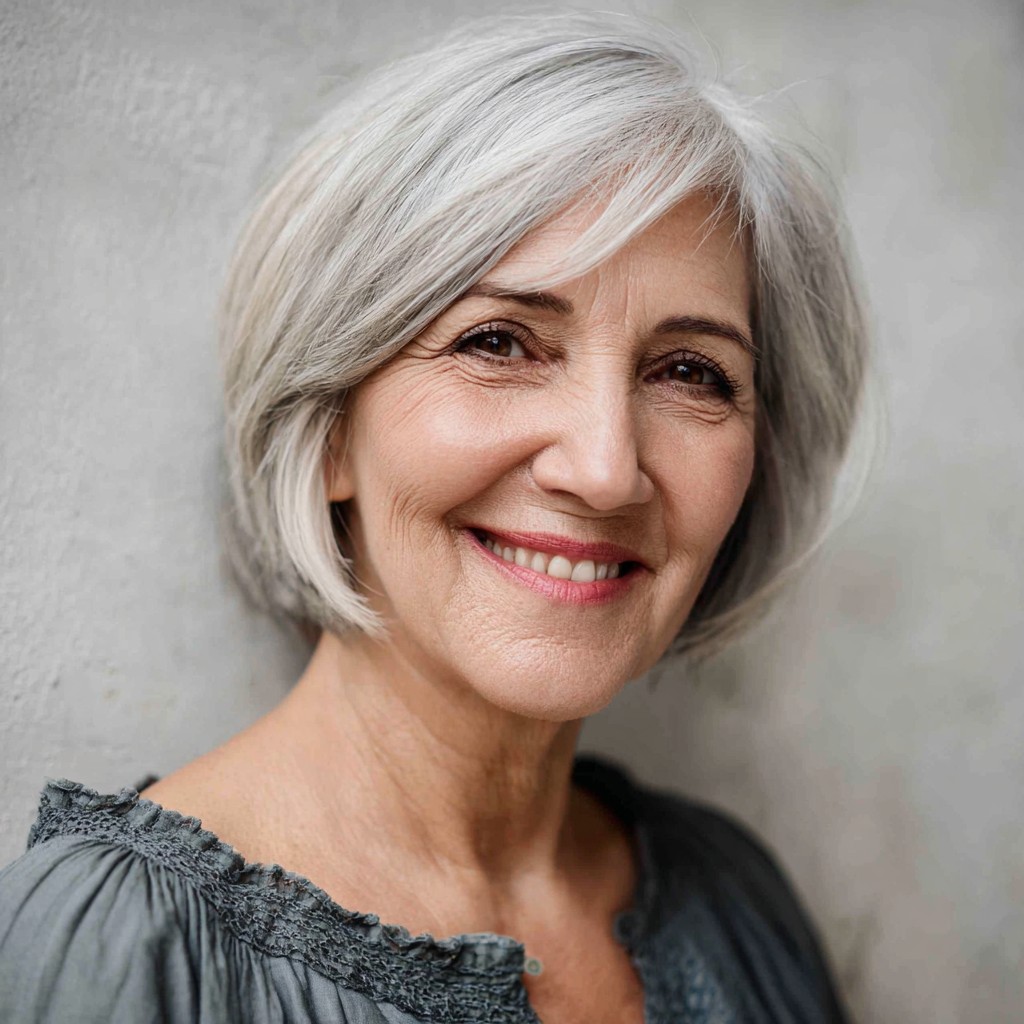 Gray shoulder length haircut on a woman over 70 with silver hair - Pure White Shoulder Cut With Sleek Ends
