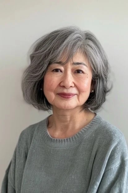 Gray shoulder length haircut on a woman over 70 with silver hair - Classic Gray Shoulder Bob With Shine