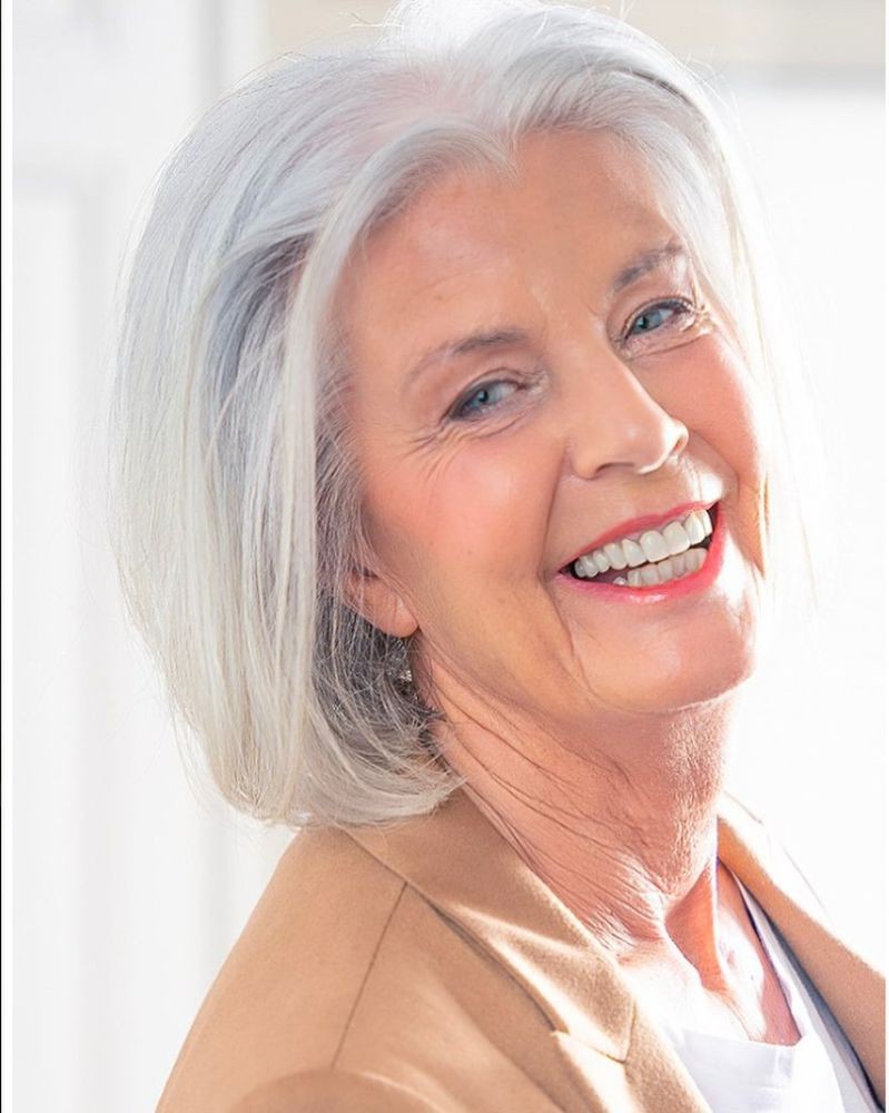 Gray shoulder length haircut on a woman over 70 with silver hair - White-Gray Medium Bob With Rounded Ends
