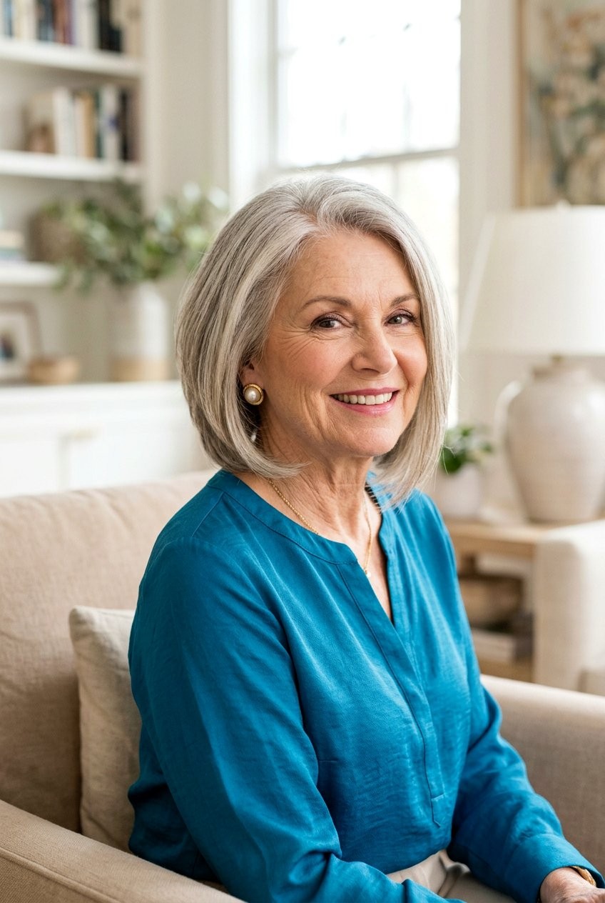 Gray shoulder length haircut on a woman over 70 with silver hair - Glossy Silver Shoulder Cut With a Center Part